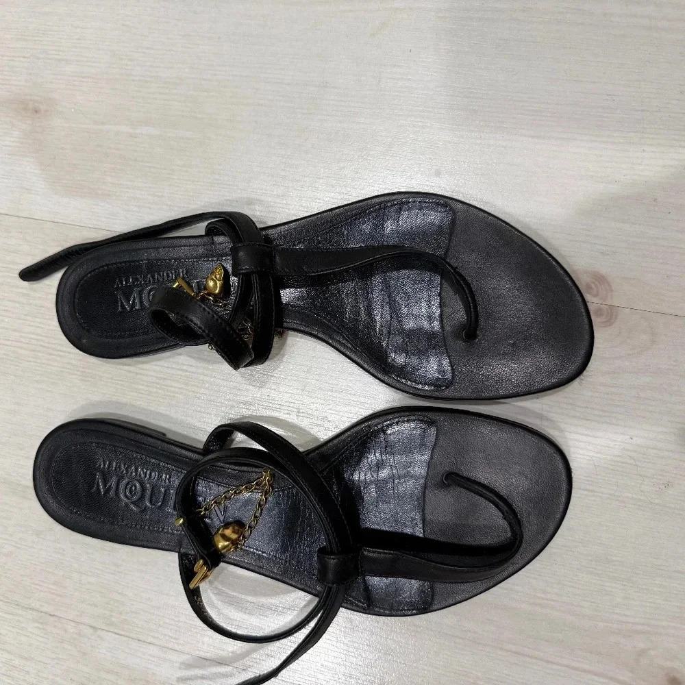 AUTHENTIC and RARE FIND Alexander McQueen Leather Strap Sandals w/ Gold Skull
